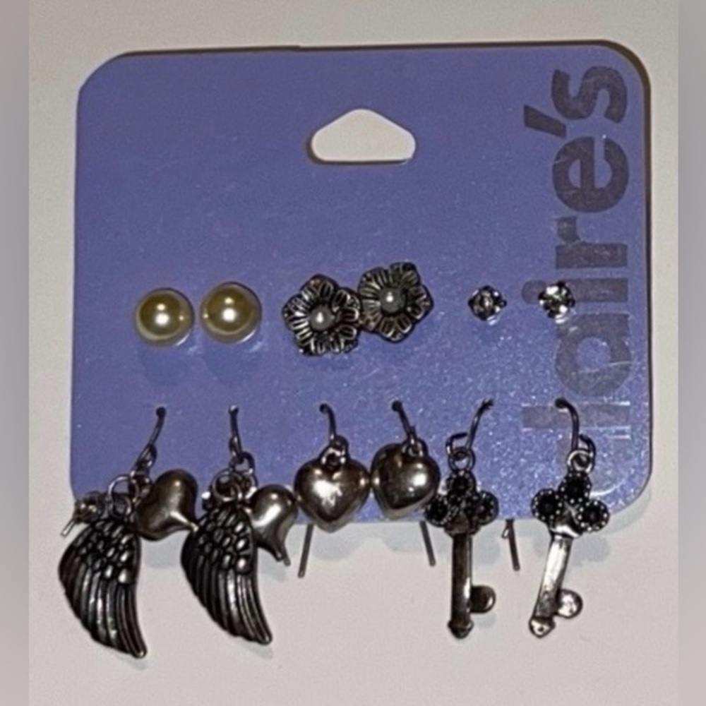 Claire’s 6 Pair silver hearts, wings, keys, & faux pearl studs pierced earrings.